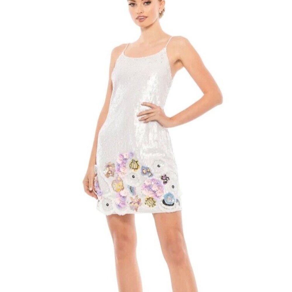 NWT MAC DUGGAL SEQUIN MIXED MEDIA FLORAL‎ EMBELLISHED MINI DRESS WHITE 6